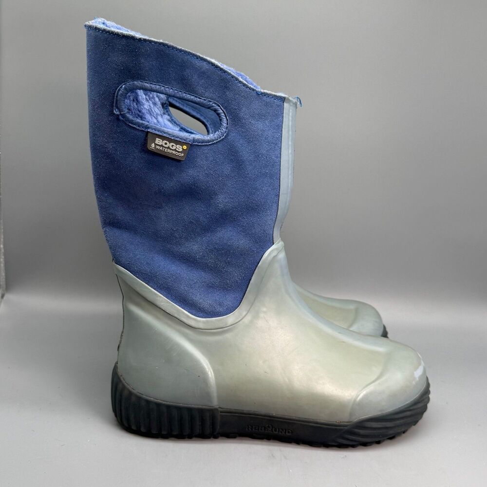 Bogs Prairie Solid Kid Youth 4 Blue Wool Line Mid Calf Pull On Rain Winter Boots